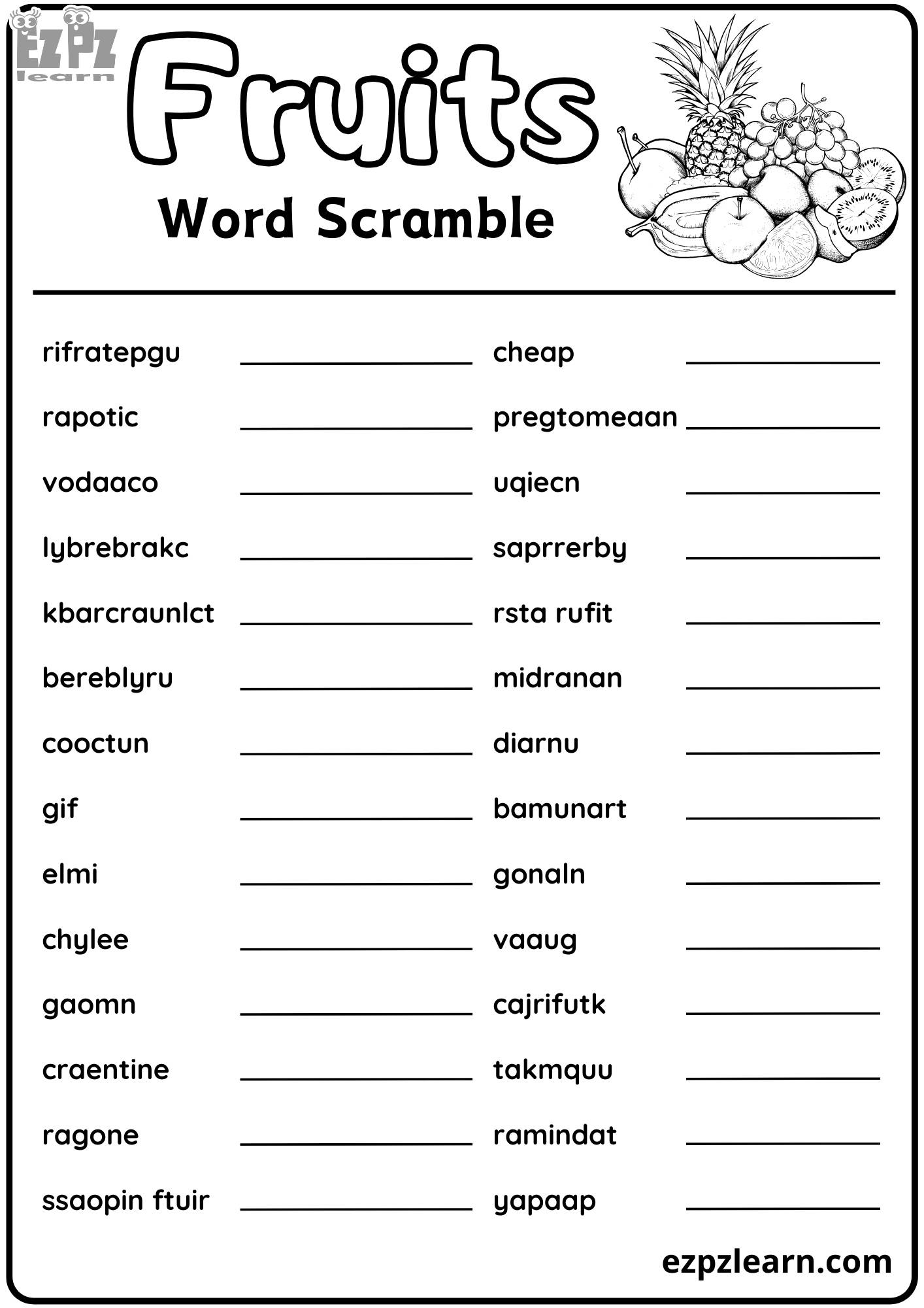 Fruits Word Scramble Activity for Kids 28 Words Free Printable PDF